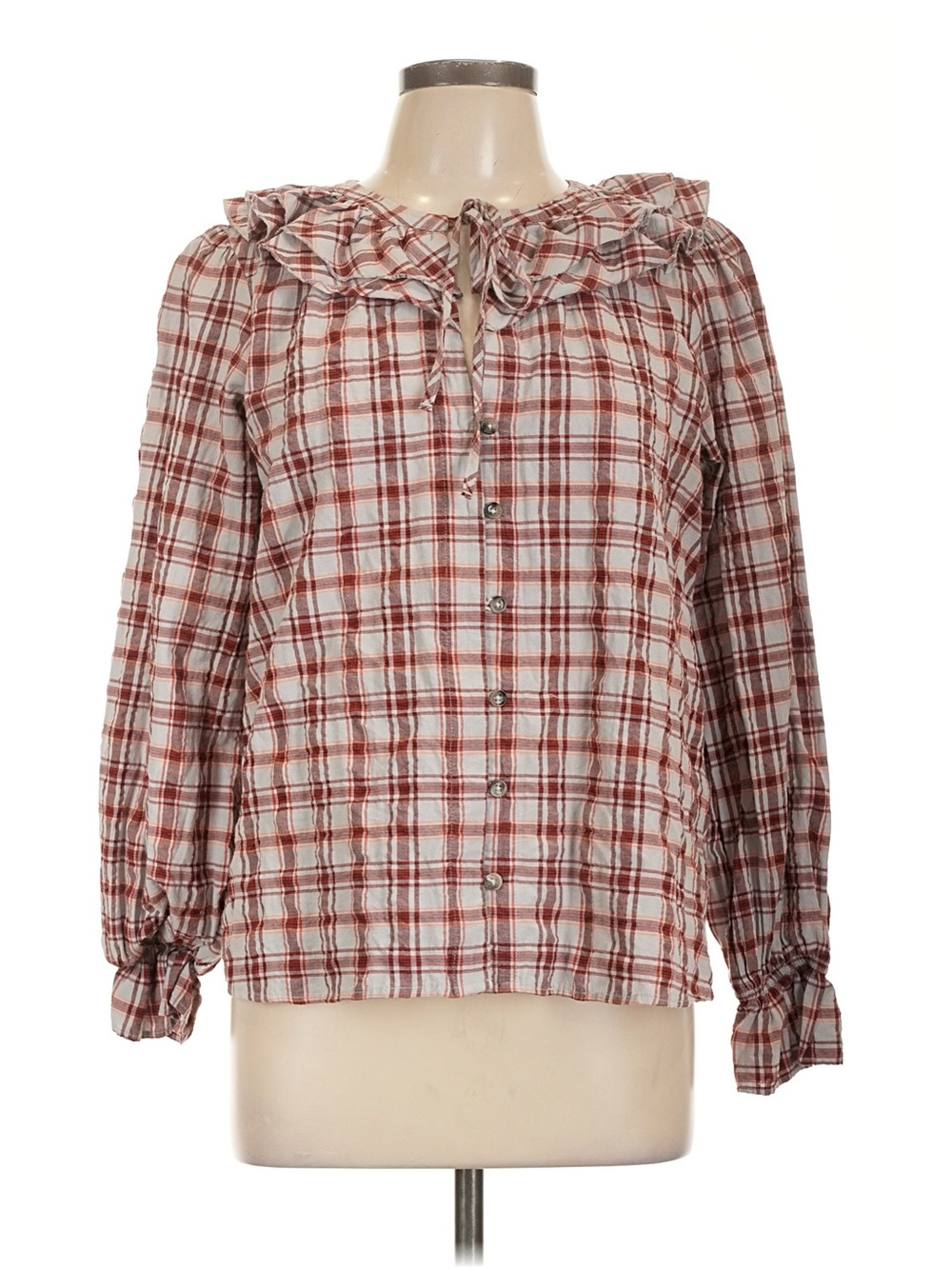 Maeve Large Red and Grey Plaid Ruffle-Trim Button-Down Blouse